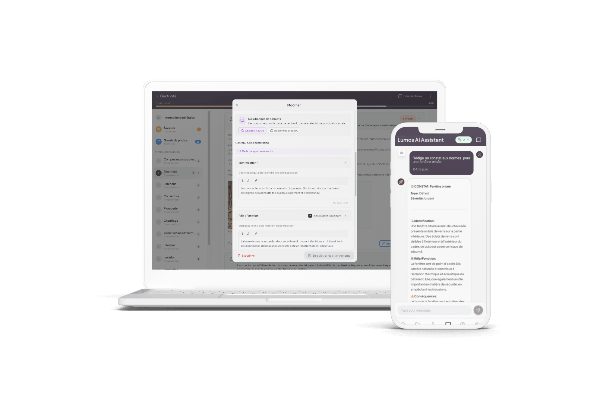 Lumos AI Assistant helping write inspection findings on laptop and mobile