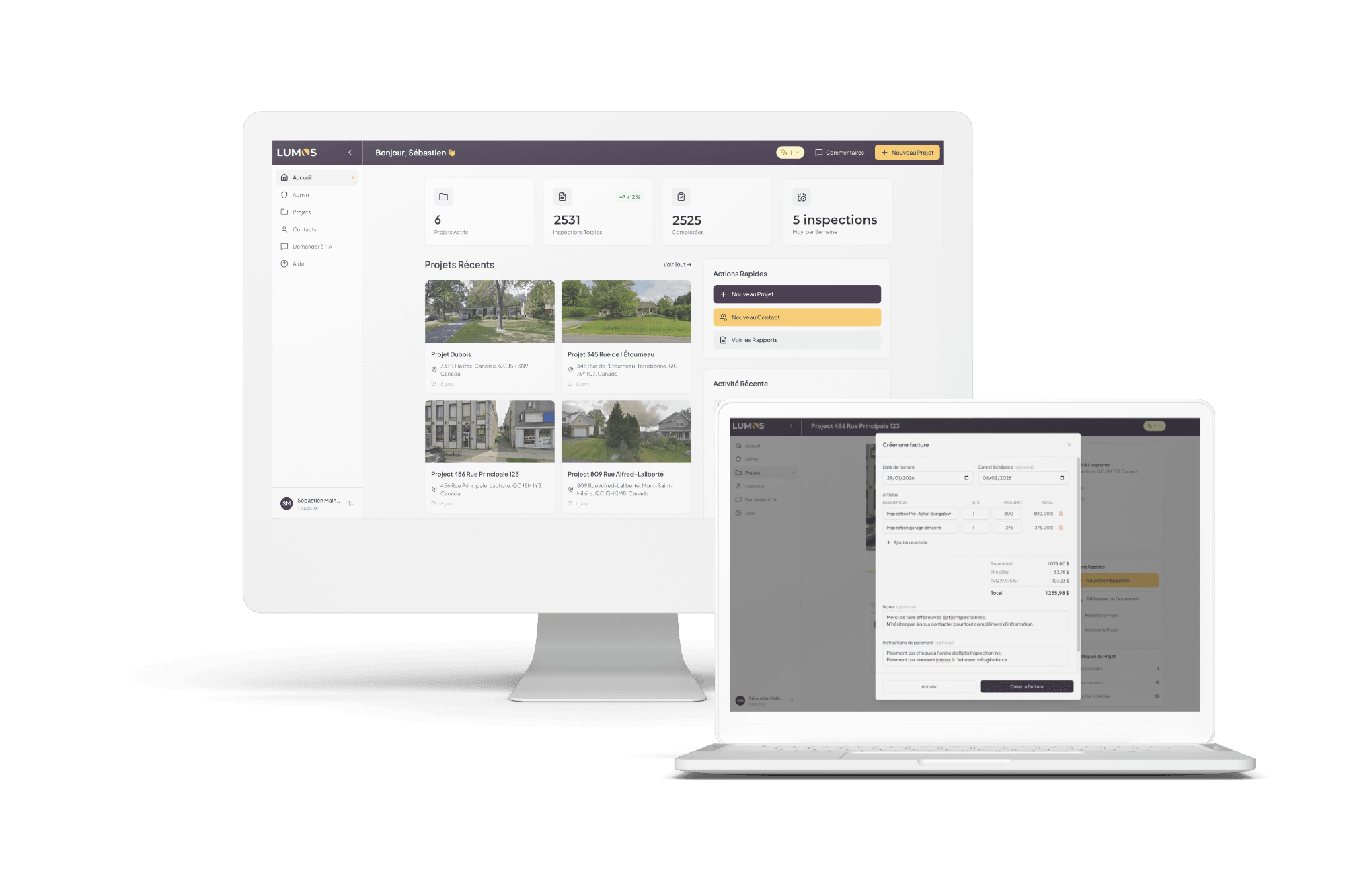 Lumos Inspector dashboard with projects and invoicing on desktop and laptop