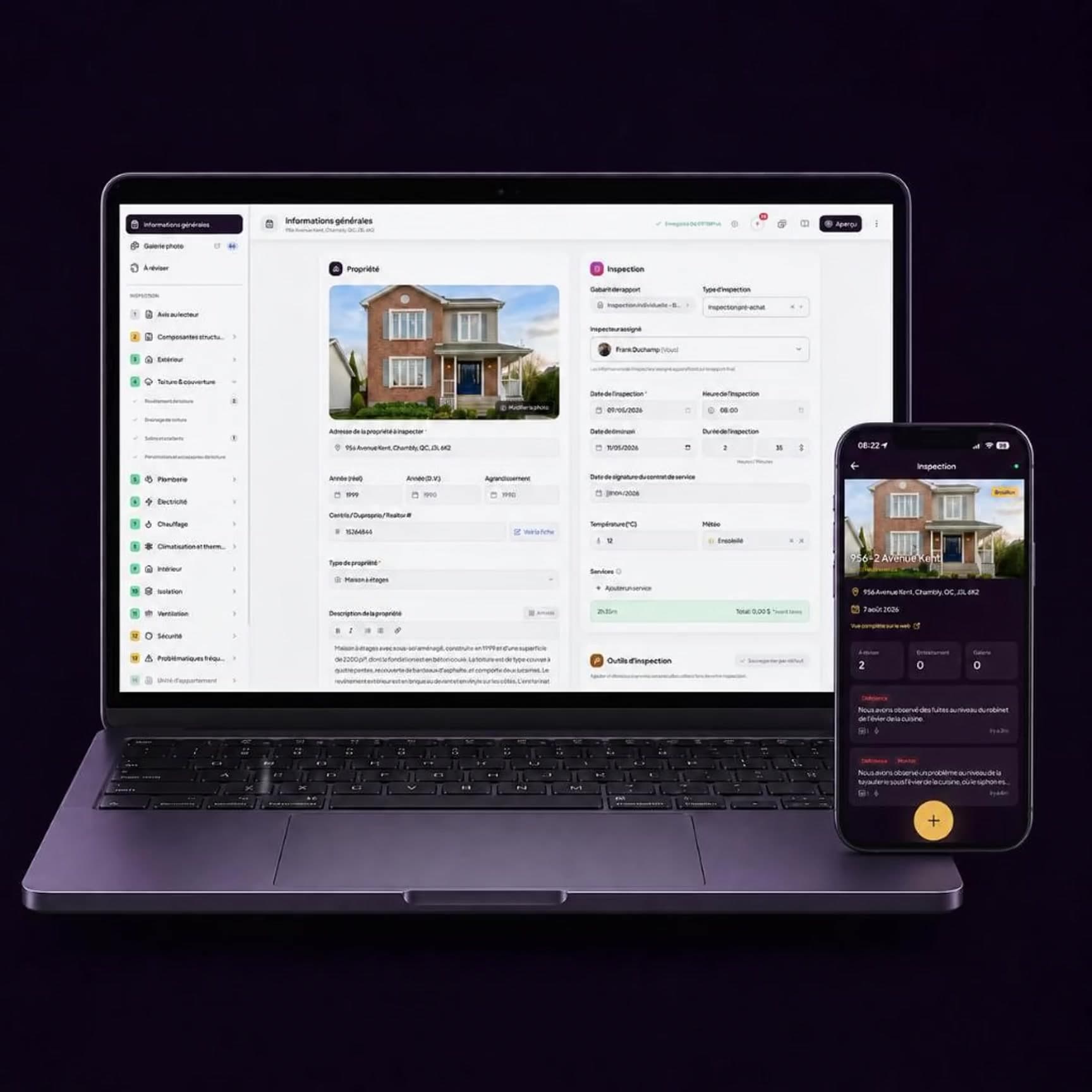 Logiciel d’inspection en bâtiment Lumos sur ordinateur, tablette et mobile — de la capture terrain au rapport final